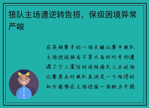 狼队主场遭逆转告损，保级困境异常严峻