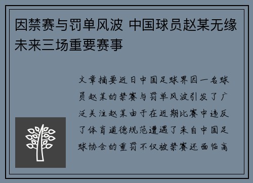因禁赛与罚单风波 中国球员赵某无缘未来三场重要赛事